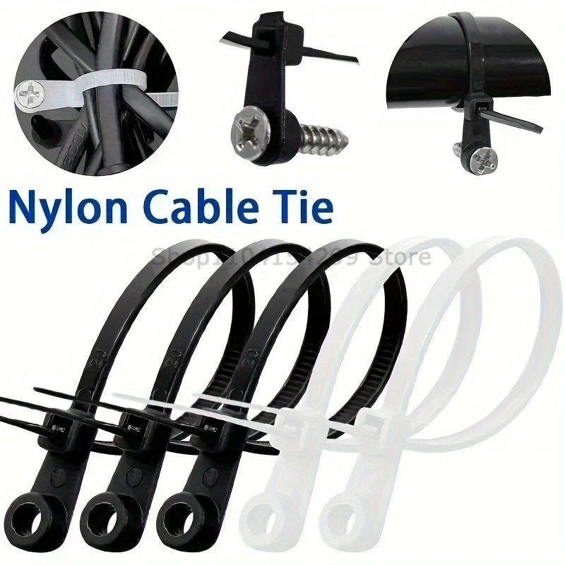 100pcs Nylon Cable Ties with Mounting Screw Hole Self Locking Loop Wraps Zipper Cables Tie Wire Fastening Straps Bundle Tool
