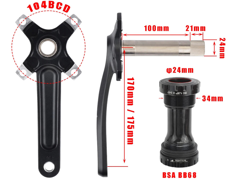 GOLDIX Bicycle Crank Chainring 104BCD MTB Bike Crank Aluminum Alloy with Bottom 170mm Crank Black 32T 34T 36T 38T Plate