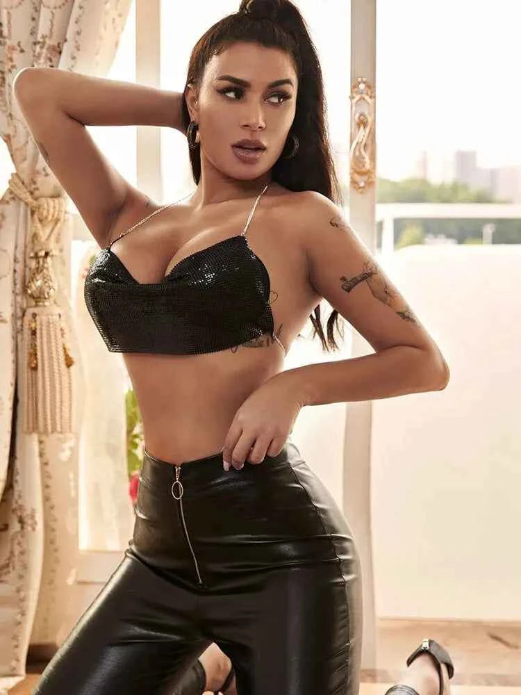 Sexy Summer Sequin Metal Crop Tops Suspenders Halter Backless Night Club Tank Top 2024 New Women Clothing Fashion Y2k Tops