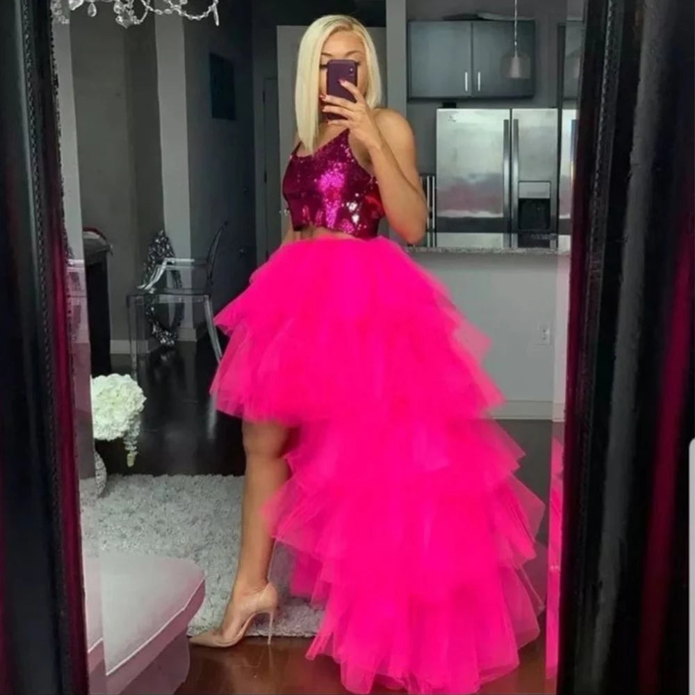 BABYONLINE Women Tiered Tulle High Low Skirts Elastic Waist Petticoat Puffy Long Tulle Skirt Female Maxi Skirt Free Size
