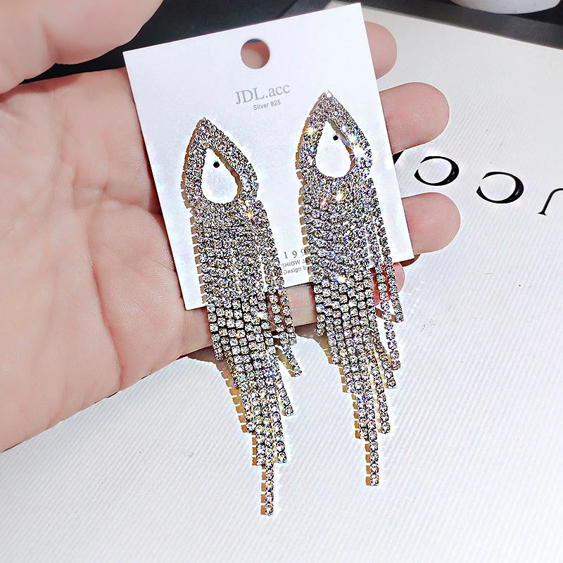 Shiny Crystal Zircon Long Stud Earrings for Women Geometric Hanging Drop Tassel Earring Fashion Party Vintage Pendant Jewelry