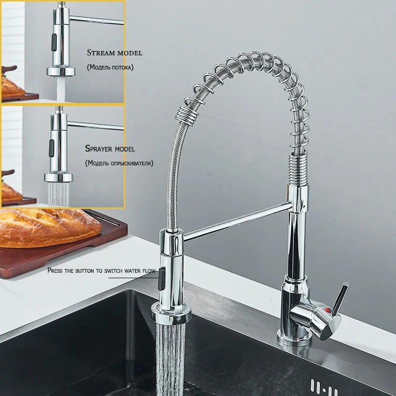 Chrome Spring Pull Down Kitchen Faucets Stream Spray Head Hot Cold Water Tap Stainless steel Rotation Kitchen Mixer Tap Crane - Shoppiline