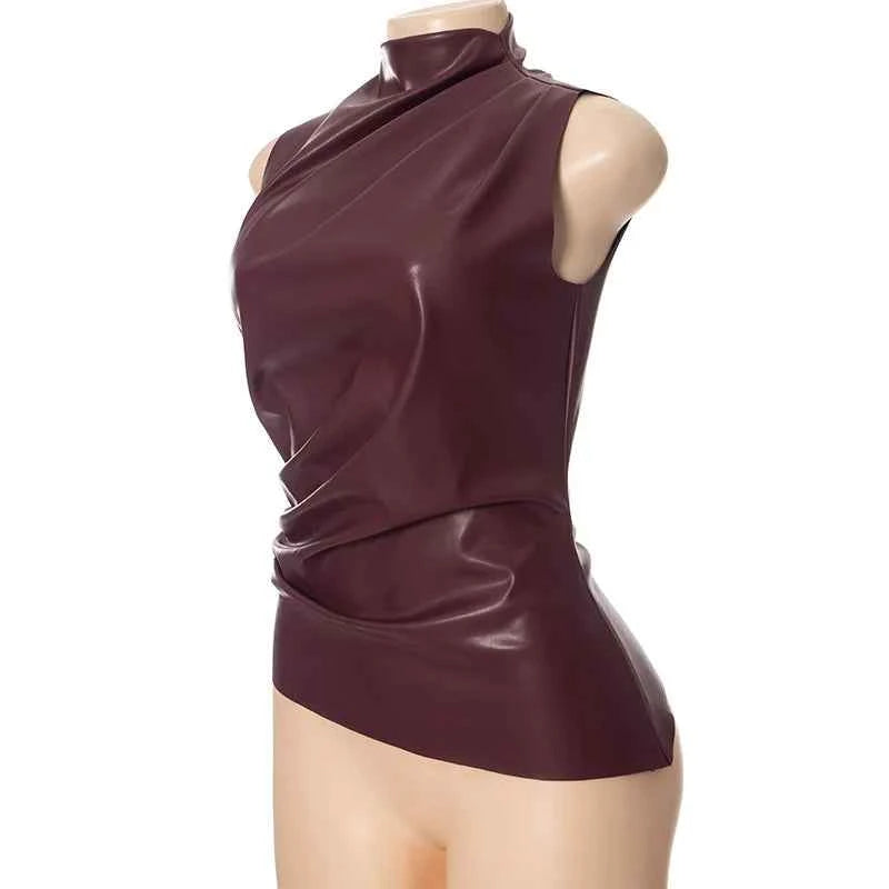 Burgundy Leather Tops Women Fashion Ruched Bodycon Crop Top Summer Sexy Sleeveless Irregular Night Club Party Tanks 2024 Black