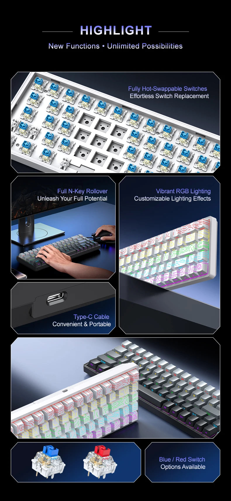 APAYADO A68 Wired Mechanical Keyboard RGB Backlight,Fully Hot-Swappable Keys,ABS Keycaps,68-Key Keyboard for Gaming/Office Use