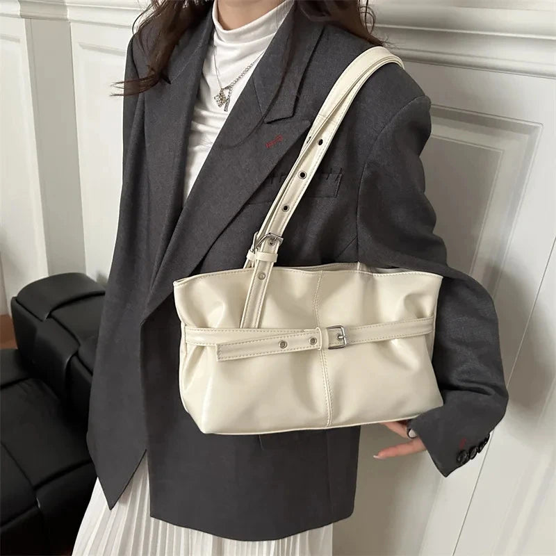 Solid-color Versatile Tote Bag for Women High-quality Suede Buckle-designed Bucket Commuter Bag