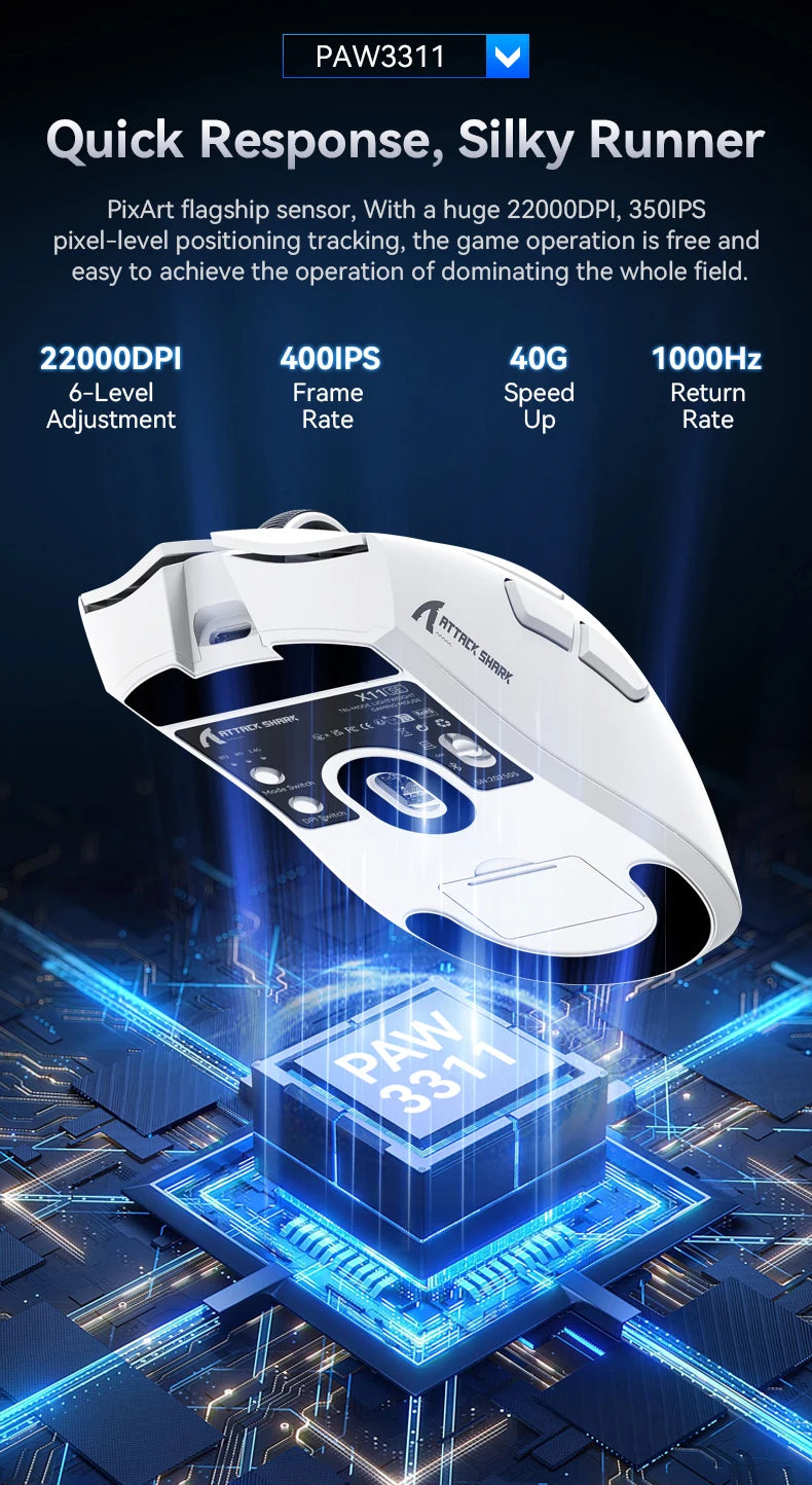 Attack Shark X11  X11SE Wireless Gaming Mouse 3-Mode , PAW3311, 22000DPI, 400IPS, PC Gaming Mouse