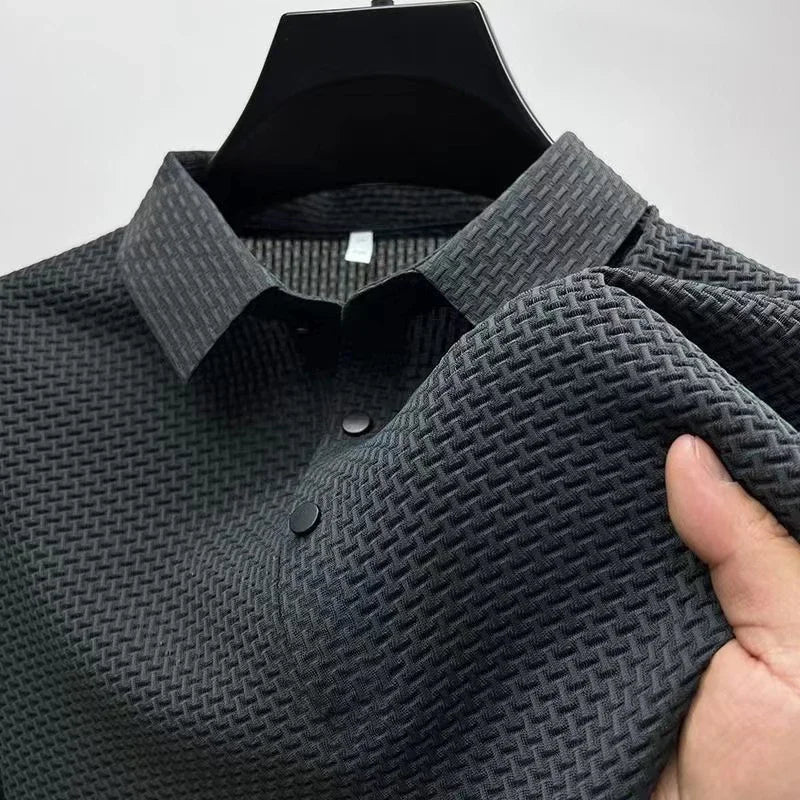 New Men's Business Casual Short Sleeved Bone Flower Solid Color POLO Shirt Fashion Breathable Comfortable Summer Versatile Top