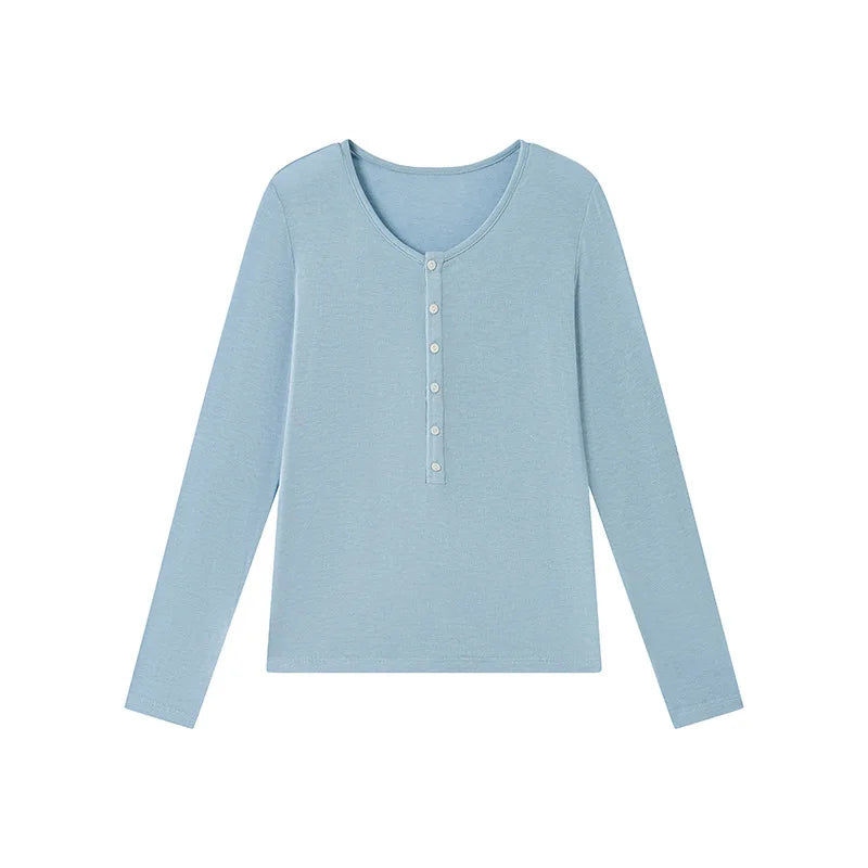 Silk Wool Basic Shirt For Women Autumn Winter Round Button Neck Slim Knitwear, Solid Color Striped Long Sleeve Top