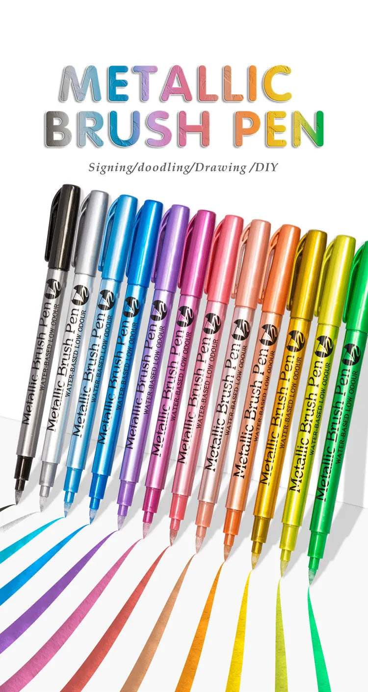 12 Colors Brush Metallic Paint Markers Pens for Rock Painting Stone Ceramic Wood Fabric Pebbles Scrapbook Journals Photo Albums