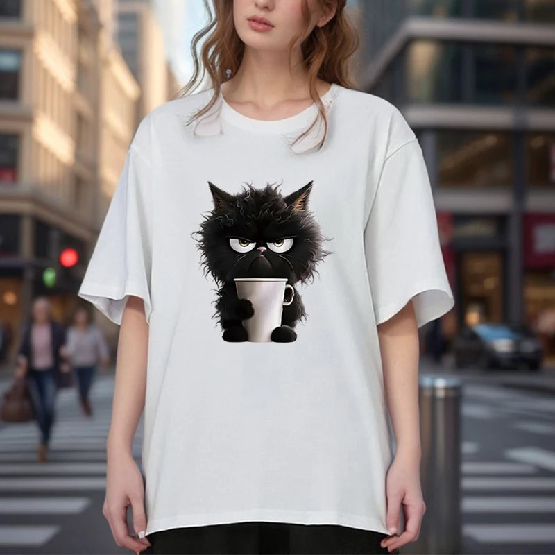 T-shirt d'été ample et amusant pour femme, avec imprimé chat blanc, décontracté, à manches courtes, col rond, haut pour l'été, vêtements pour femme avec animaux