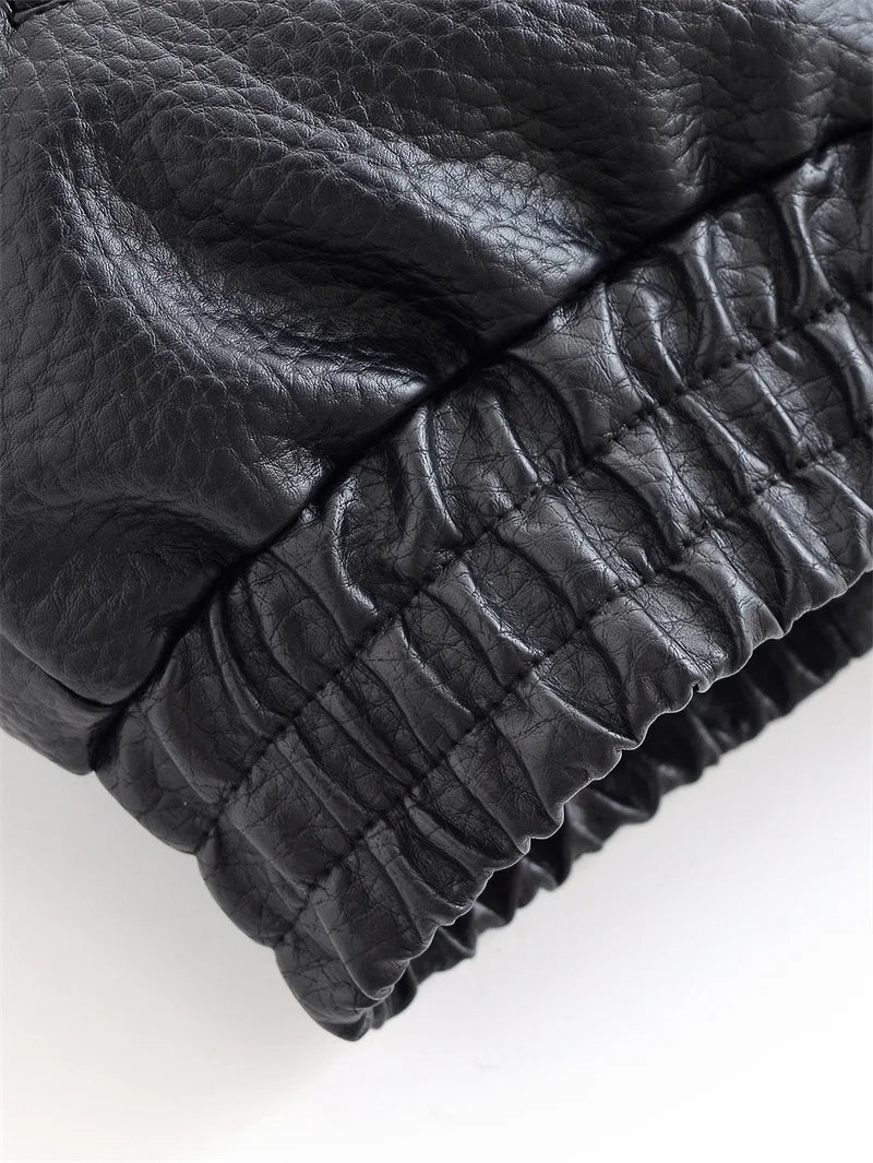 Women's Jacket 2026 Autunm  New Black Long Sleeve Pebble Faux Leather Jacket Motorcycle Style Personality Fashion