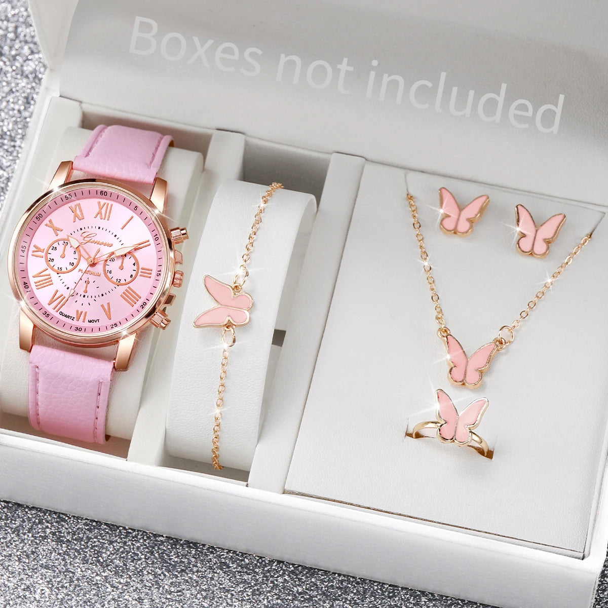 5/6 Stück modische Damen-Quarzuhren mit Lederarmband, analoge Armbanduhren, Herz-Strass-Schmuckset (ohne Box)