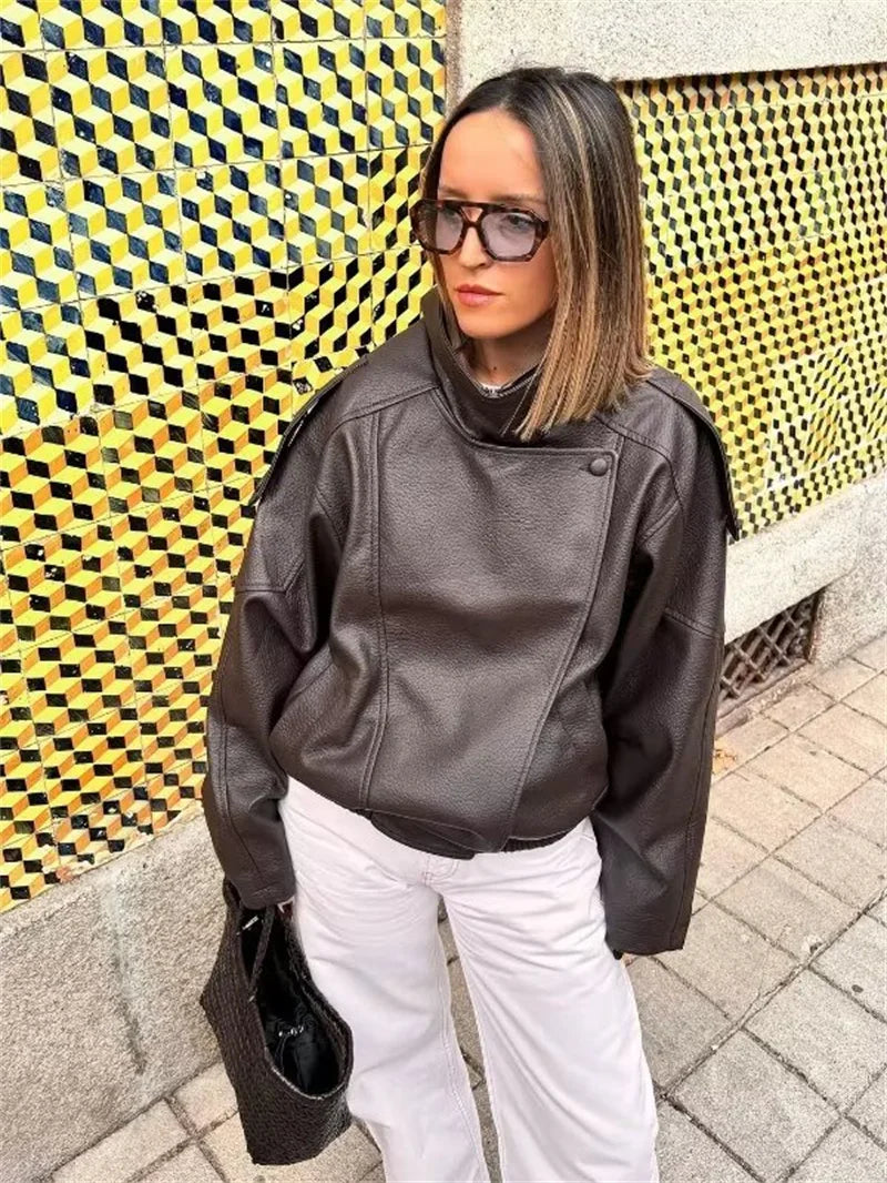 Women's Jacket 2026 Autunm  New Black Long Sleeve Pebble Faux Leather Jacket Motorcycle Style Personality Fashion