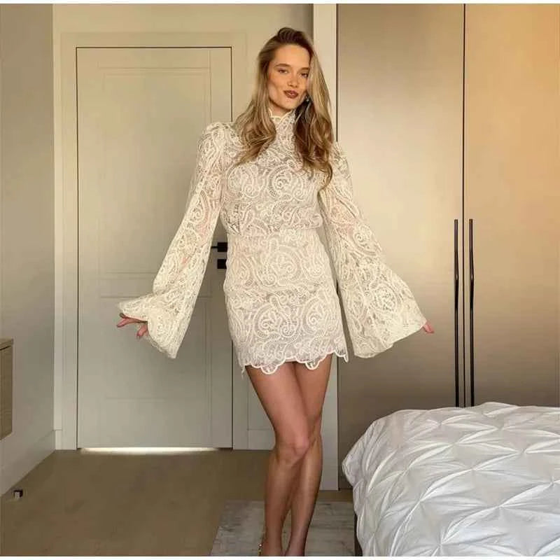 Trendy Lady Hollow Out Lace Mini Dress Elegant 2025 New Long Sleeve Designs Chic High Neck Short Vestidos Autumn Club Night Gown