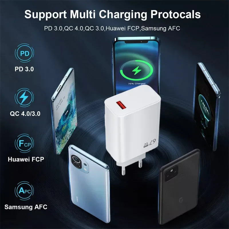 USB GaN Charger Total 67W Fast Charging Wall Phone Adapter 6A USB TypeC Cable Quick Charge 3.0 Plug For iPhone Samsung Xiaomi