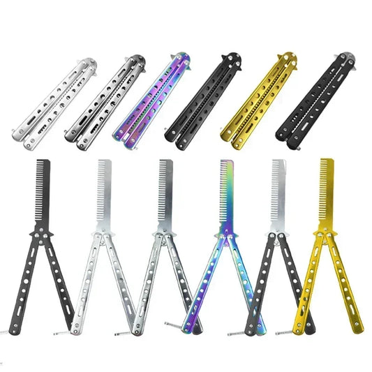 Foldable Comb Stainless Steel Practice Training Butterfly Knife Comb Beard Moustache Brushe Salon Hairdressing Styling Tool