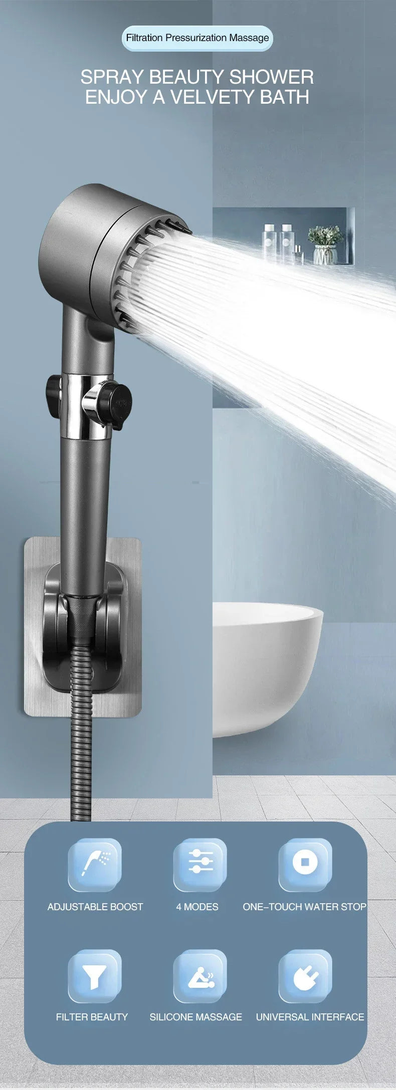 3-Mode Adjustable High Pressurized Filter Shower Head with Massage Brush Rain Faucet - Bathroom Shower Accessories