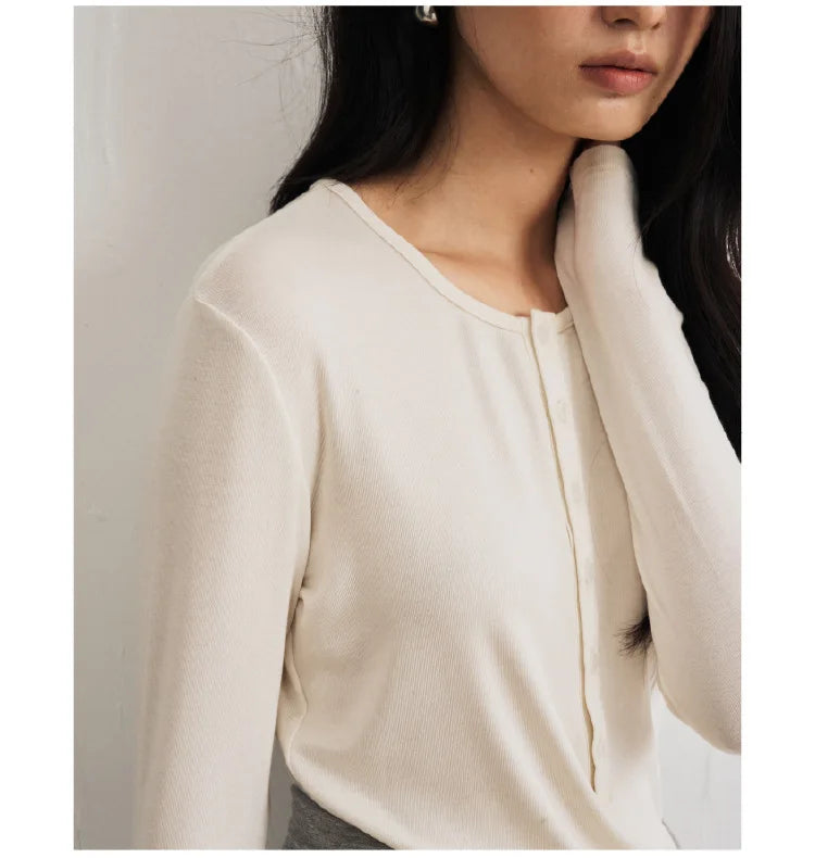 Silk Wool Basic Shirt For Women Autumn Winter Round Button Neck Slim Knitwear, Solid Color Striped Long Sleeve Top