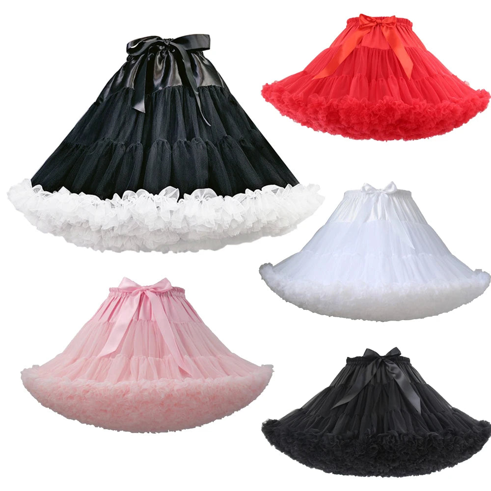 Womens 3-Layered Pleated Tulle Petticoat White Black Pink RedTutu Puffy Party Cosplay Skirt