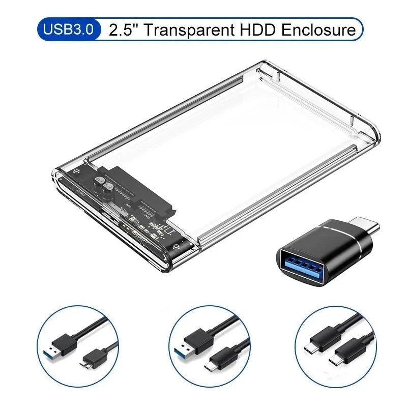 Transparent 2.5 Inch HDD Enclosure SSD SATA to USB 3.0 Type-C 3.1 Portable External Hard Drive Case Tool-Free