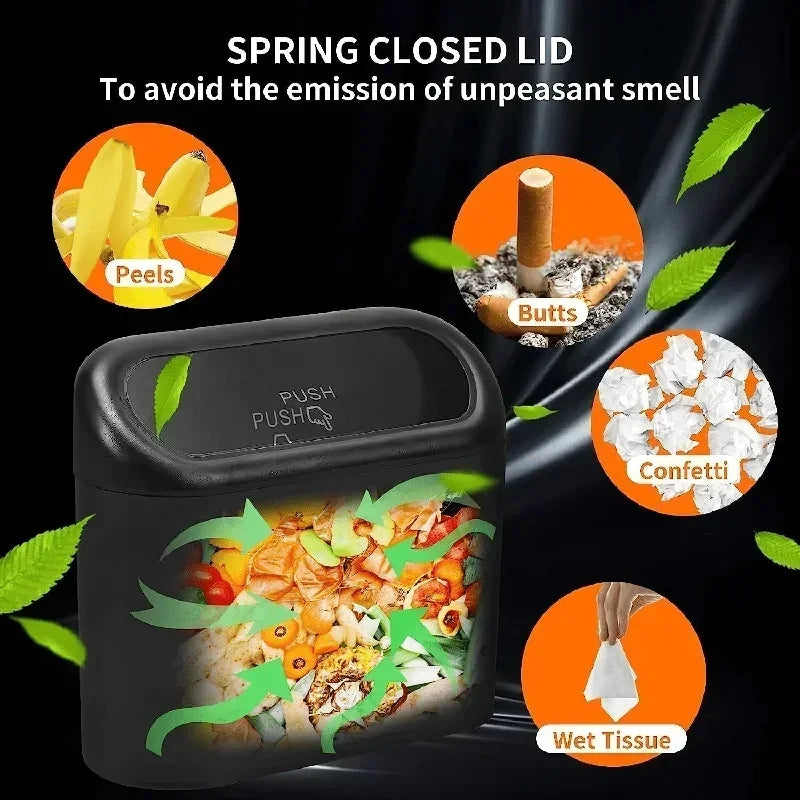 The covered car trash can contains 3 black garbage bags. The small car trash can is leak proof and miniature
