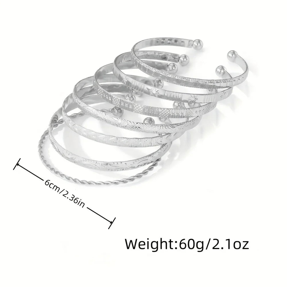 7Pcs Boho Minimalist Stackable Cuff Bangle Set Engraved Multi Pattern Open Bracelet for Women Trendy Jewelry Gift Accessories
