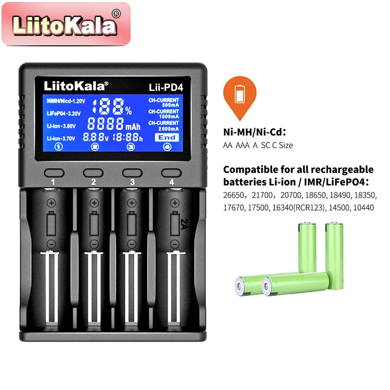 LiitoKala Lii-PD4 AC PD Charger LCD Fast Charging 4-Bay for LiFePO4 3.2V 21700/18650/AA/AAA Multi-Protection Auto-Detect