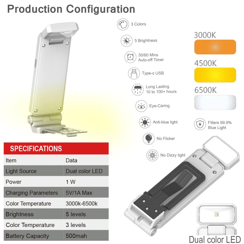 Reading Lights for Books Portable Clip-on LED USB Rechargeable Lamp Eye-protection in 5 Brightness Perfect for Book Lovers Kids