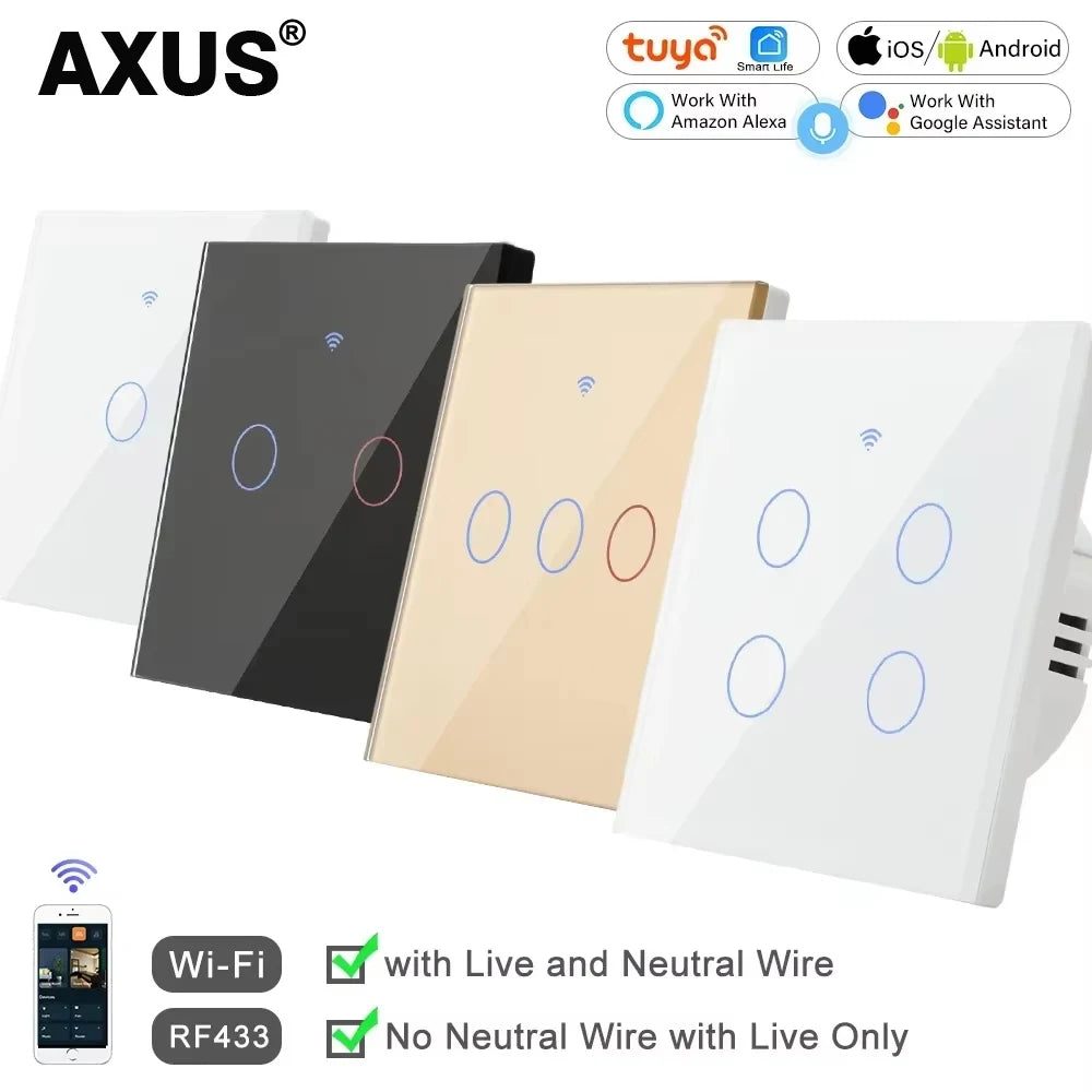 EU WiFi RF 433mhz Smart Wireless Touch Wall Light 1/2/3/4 Gang with Switch Button 220V with no Neutral EU Tuya Alexa Google - Shoppiline