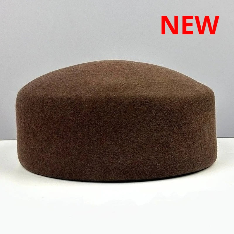 Vintage Hard Top Flat Fedoras Hats Women 100% Wool Felt Berets Hat Wedding Fascinator Caps Wedding Cocktail Party Pillbox Hat