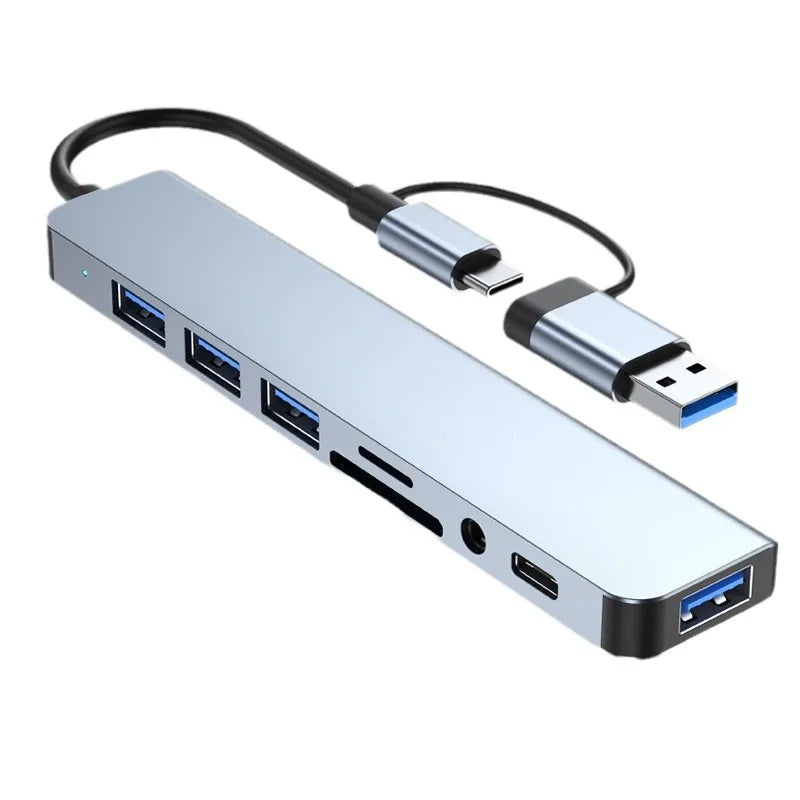 8-in-2 USB-C-Hub-Dockingstation mit 3,5-mm-Audiobuchse, Micro-SD-Kartenleser, Laptop-, Tablet-, Telefon- und Festplattenkonverter
