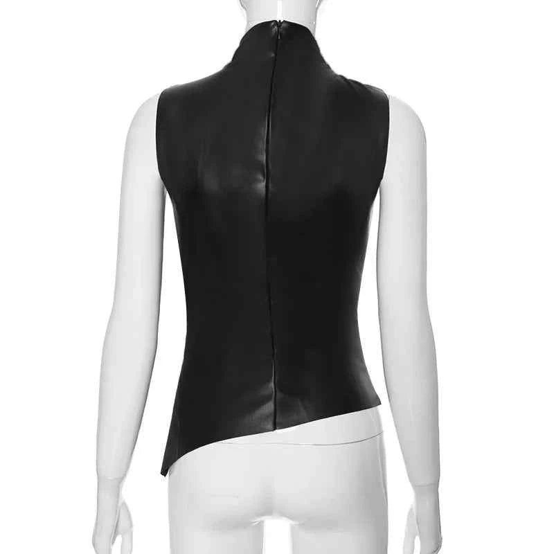 Burgundy Leather Tops Women Fashion Ruched Bodycon Crop Top Summer Sexy Sleeveless Irregular Night Club Party Tanks 2024 Black