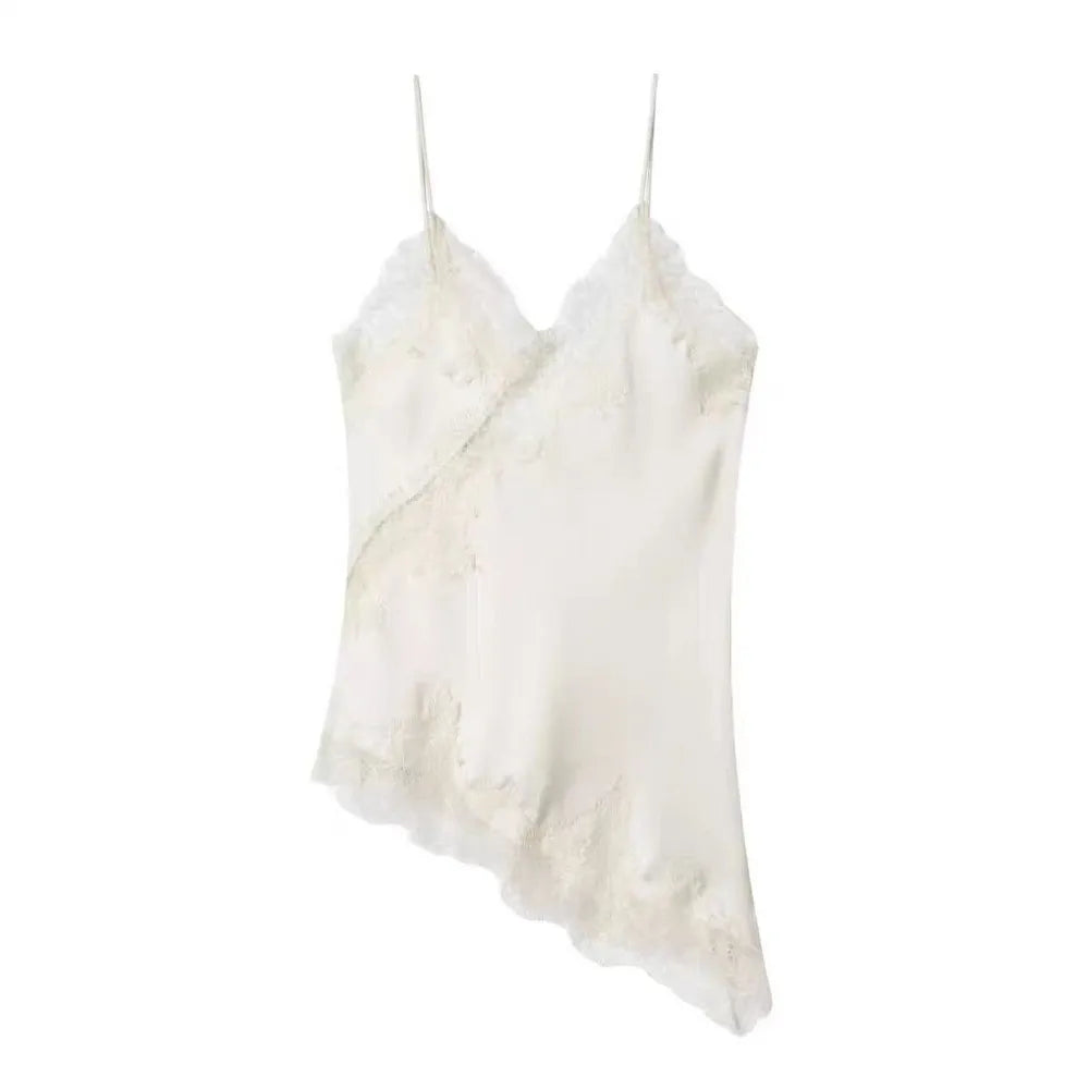 Elegant Asymmetrical Lace Lace Patchwork Top Sleeveless Backless Camisole Tops V Neck Sexy Lace Women tank top Summer Wear