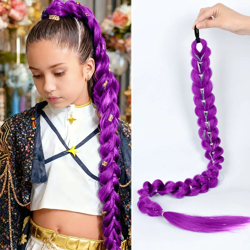Synthetic 26inch Long Braided Purple Hair Ponytail Rumi Costume Hairstyle Ponytail with Clips for Kids Girls Halloween Christmas