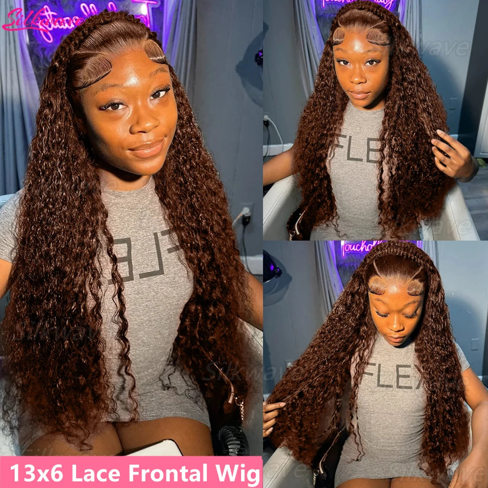 Schokobraune Deep Wave 13x6 Lace Front Perücke Echthaar Wasserwelle 250% Dichte Lockige Perücke Echthaar Braune Perücken Vorgezupft