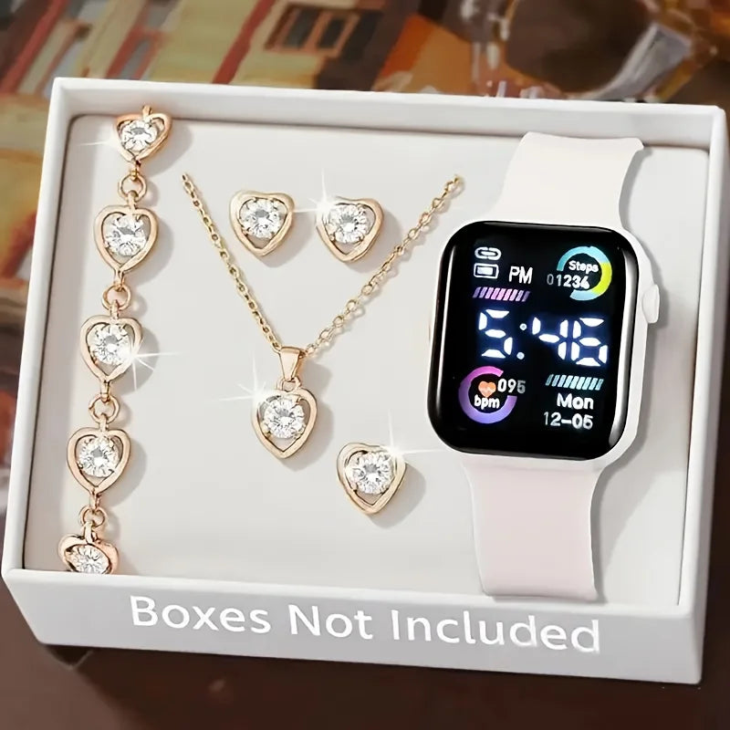 6-Piece Set of Fashion Electronic Watch Necklace Earrings Ring Set for Teenagers Boys and Girls, the Best Choice for Friend