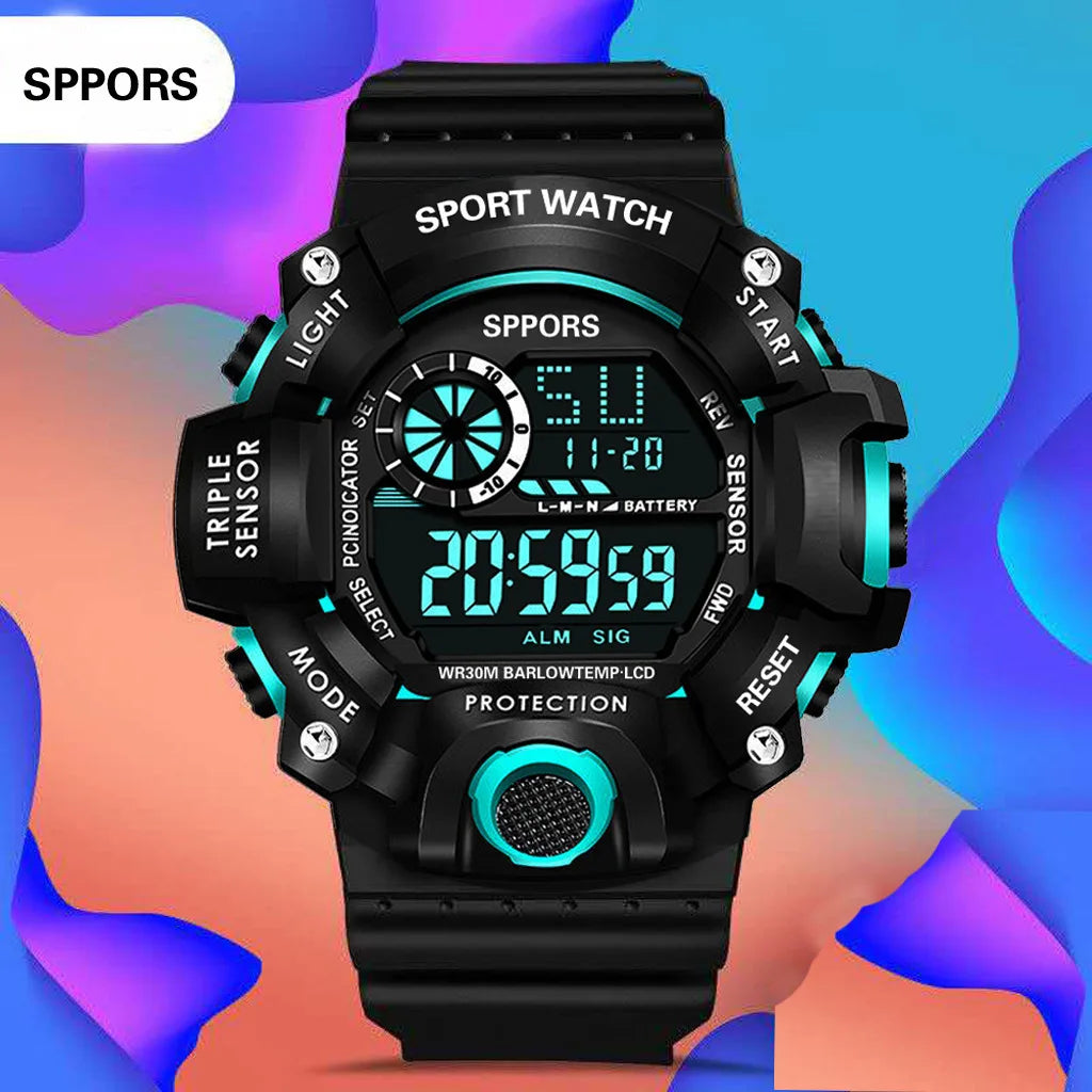 Mode Herrenuhr Sportliche elektronische Armbanduhr Großes Zifferblatt Multifunktional Wasserdicht Leuchtend Alarm Kinder Militäruhr für Herren
