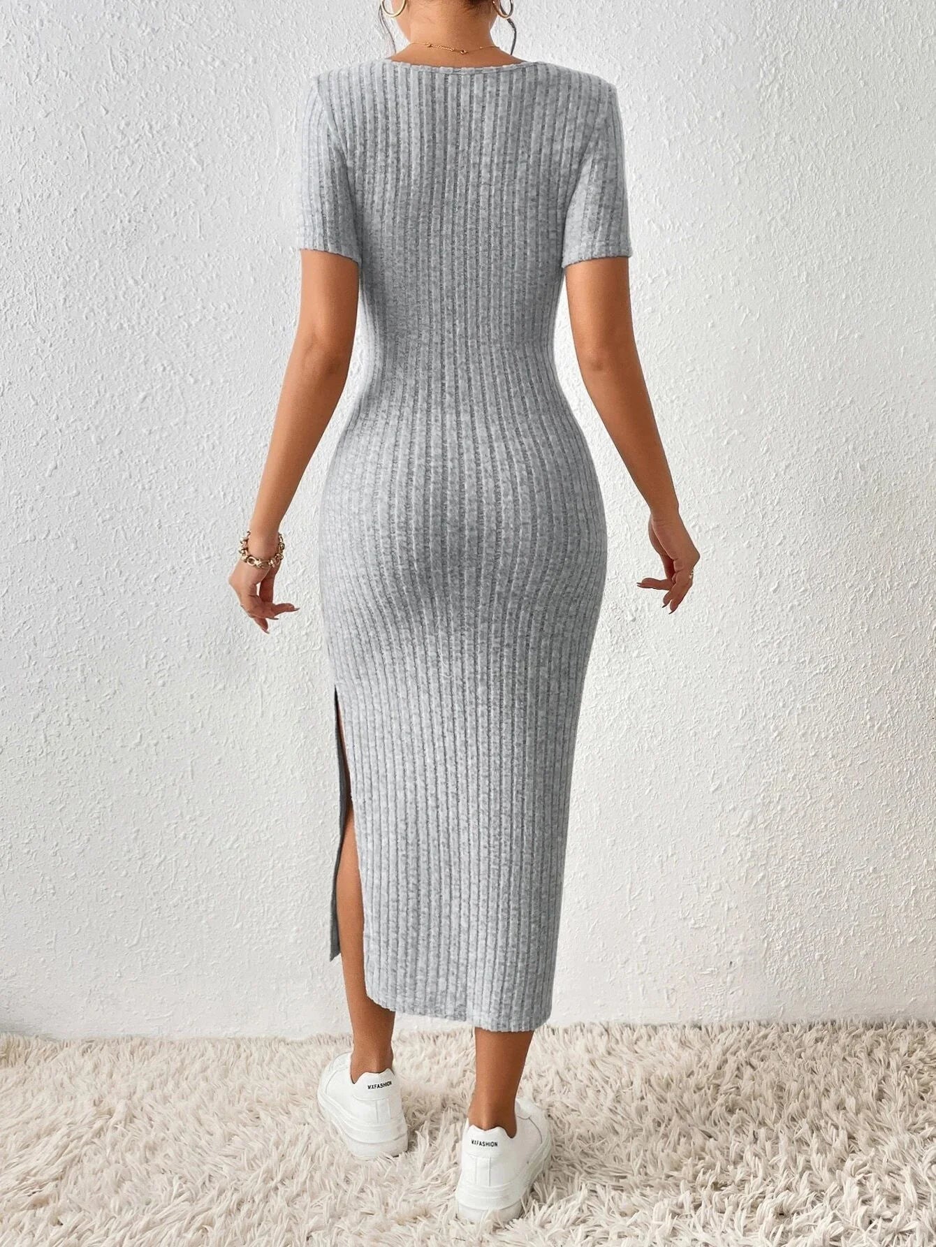 Robe tricotée femme style printemps-été, robe décontractée à manches courtes, col carré, fente latérale, Vestidos