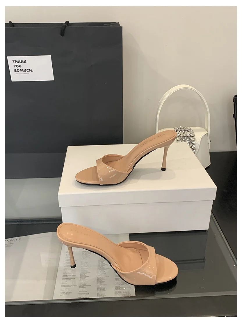 2026 Fashion Sexy Thin High Heels Slides Women Open Toe Pumps Slip Sandal Female Slippers Mule Patent Leather Outdoor Flip Flops