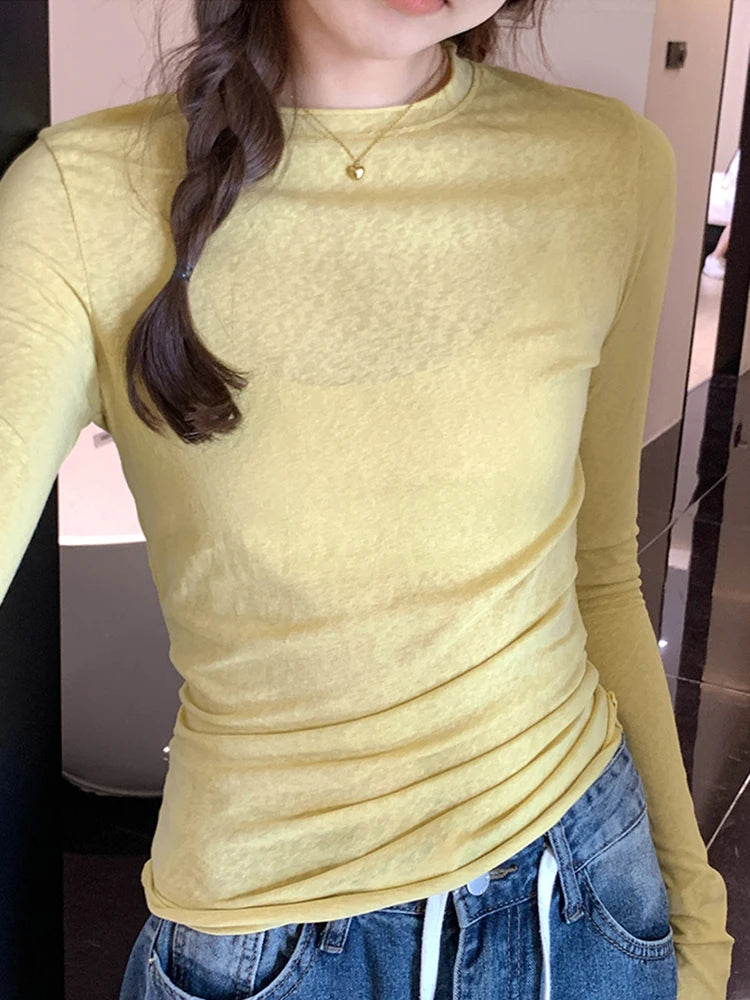 Spring Autumn T shirt Women Tops Solid Long Sleeve Ruched O Neck Tshirts Female Korean Casual Streetwear High Quality Base Tees