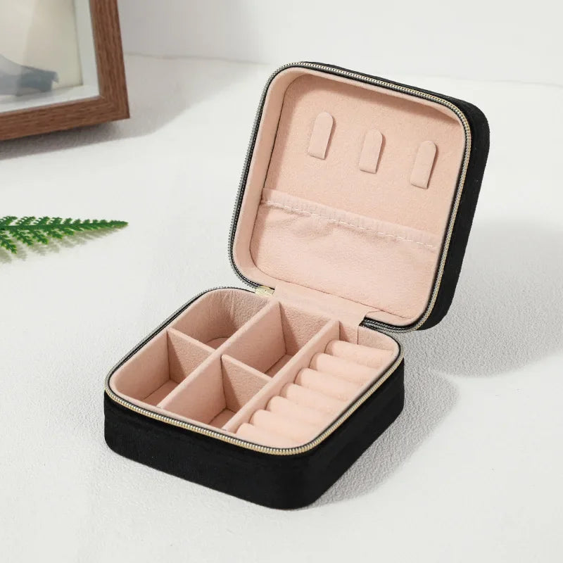 Boîte à bijoux en velours pour femmes, organisateur de colliers, bagues, boucles d'oreilles, étui de rangement portable carré à fermeture éclair