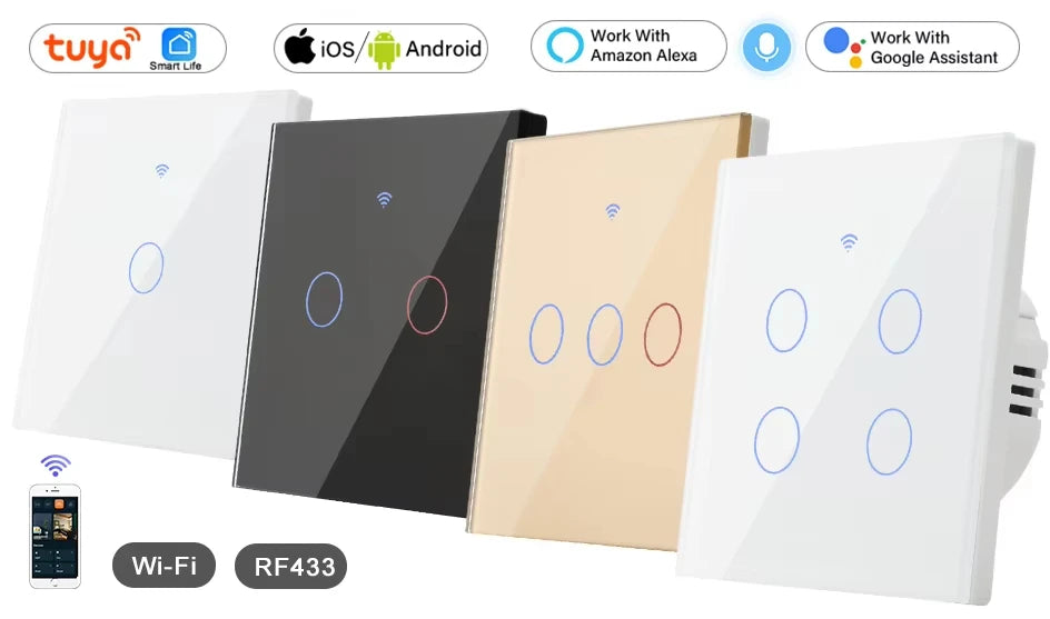 EU WiFi RF 433mhz Smart Wireless Touch Wall Light 1/2/3/4 Gang with Switch Button 220V with no Neutral EU Tuya Alexa Google - Shoppiline