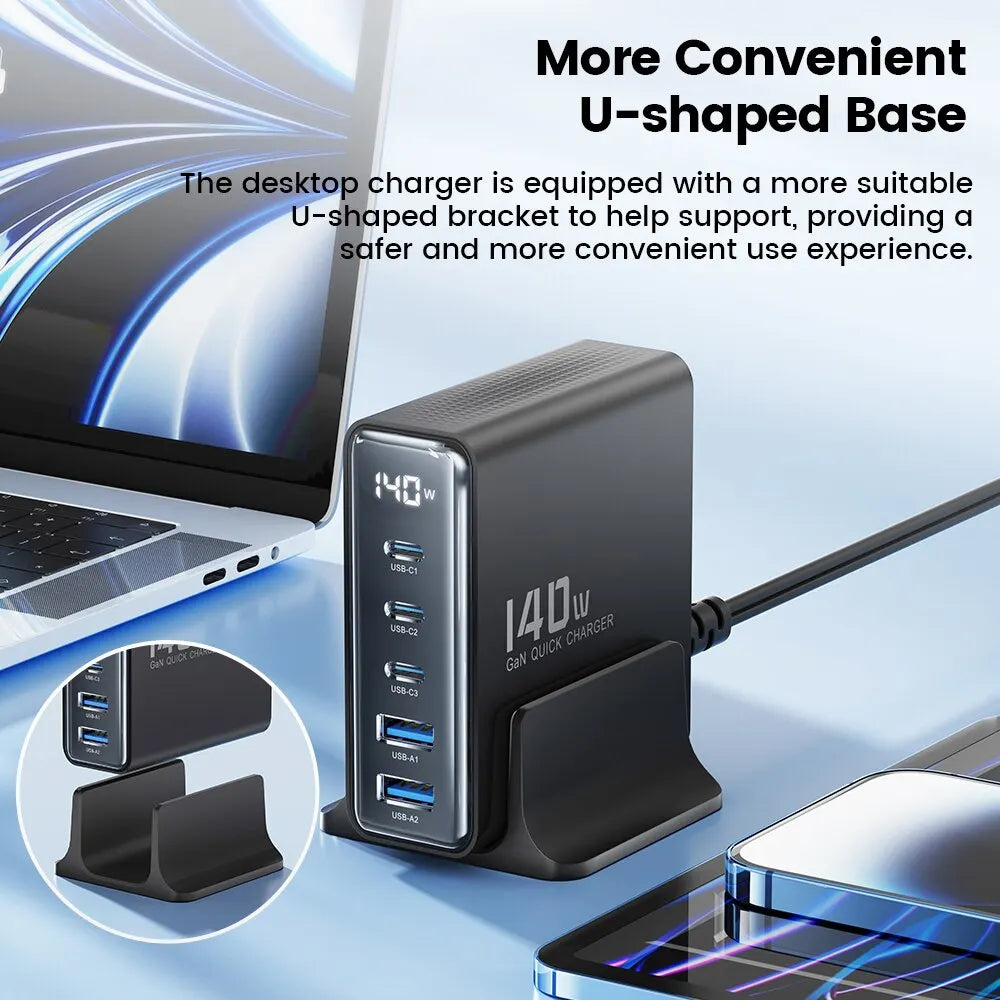 Toocki 140W GaN USB Charger 5in1 Desktop Fast Charge USB Type C Charger LED Display Charger For iPhone Xiaomi Smartphone Laptop - Shoppiline