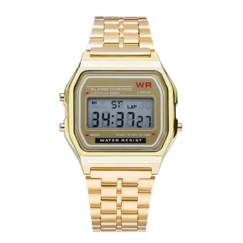 F91W Nicht wasserdichte Stahlbanduhr für Damen, Herren, Business-Uhr, multifunktionale LED-Digital-Sportuhr, elektronische Uhr