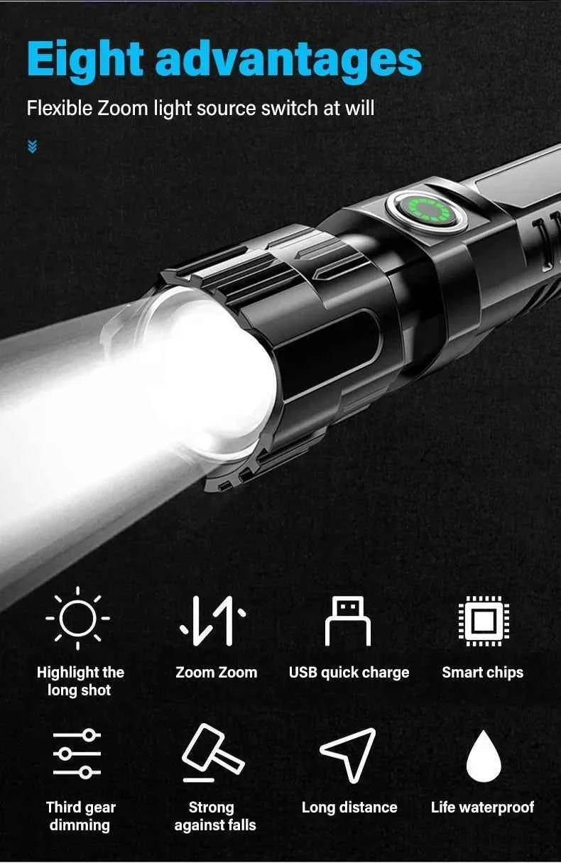 USB Charging Camping Fishing Emergency Zoom Lantern High Strong Power Led Flashlights Tactical Torch with Display Light