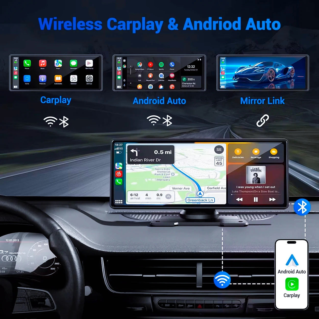 Pionray 7/10 Zoll Android Auto Universelles Tragbares CarPlay für Auto-Bildschirme Autoradio Video Kabelloser CarPlay-Bildschirm für Apple