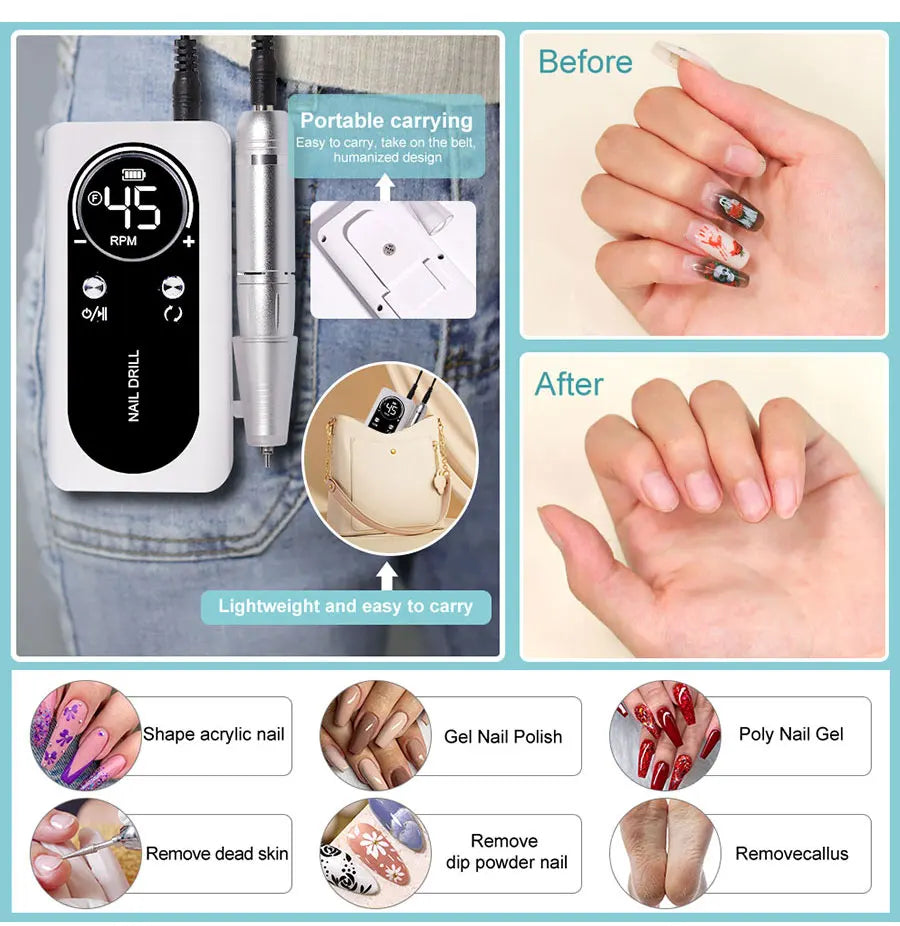 45000RPM Rechargeable Nail Drill Machine with LCD Low Noise Professional Nail Polish Sander Nails Accessories Set