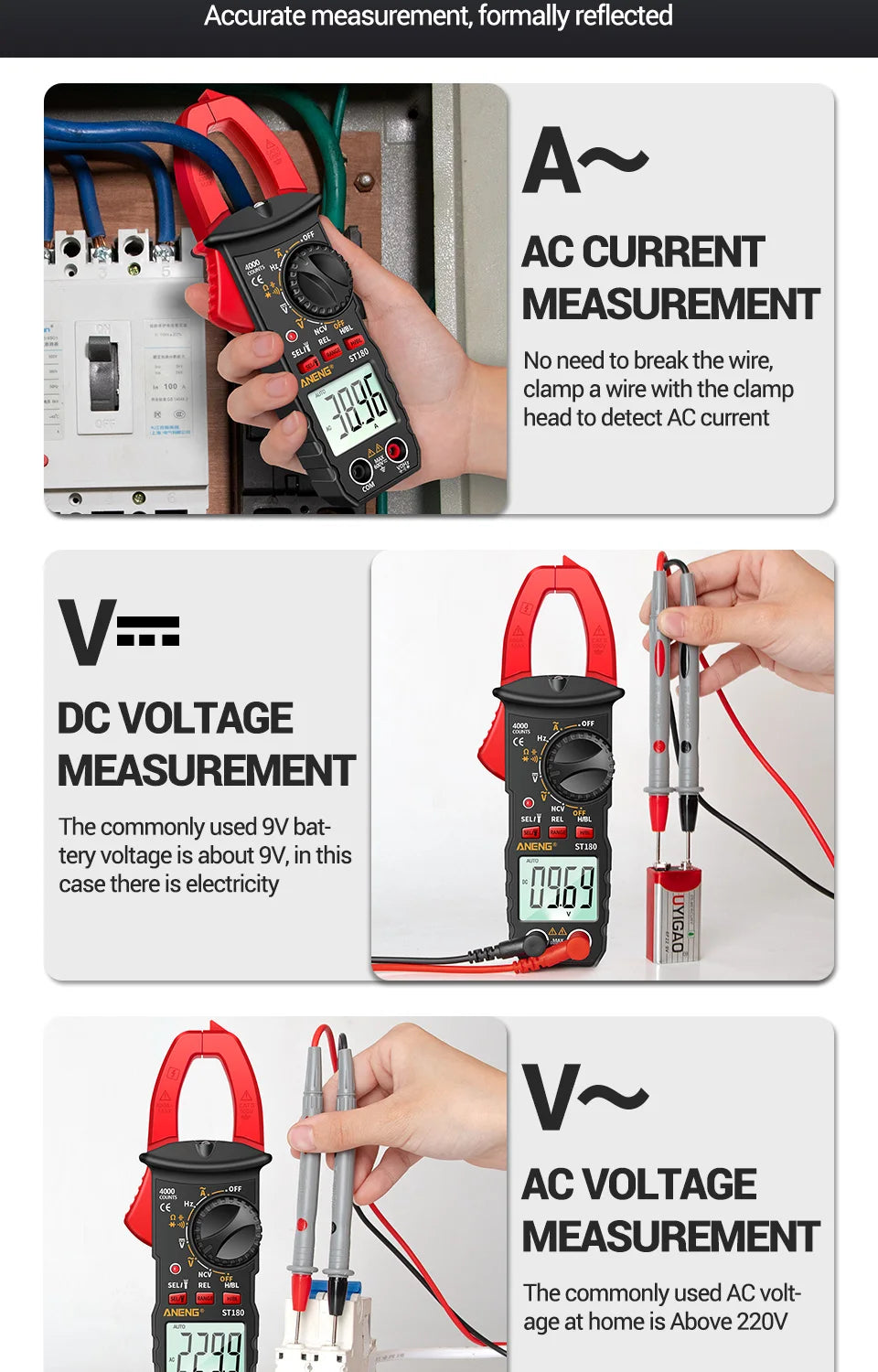 ANENG ST180 AC Current Clamp Meter  Digital 4000 Counts Multimeter Ammeter Voltage Tester Car Amp Hz Capacitance NCV Ohm Tool - Shoppiline