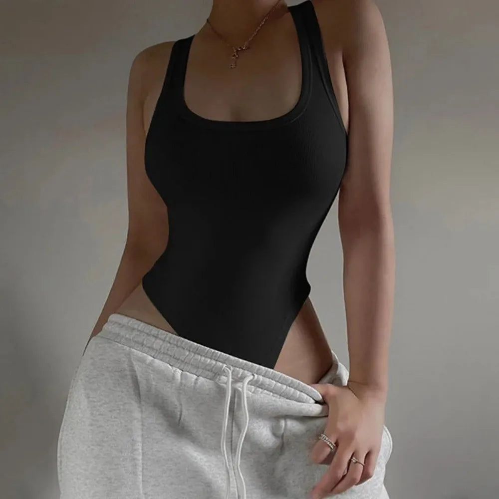 Body sans manches en maille moulant et sexy pour femme, haut court dos nu et asymétrique, pour l'été, le quotidien ou les soirées en boîte.