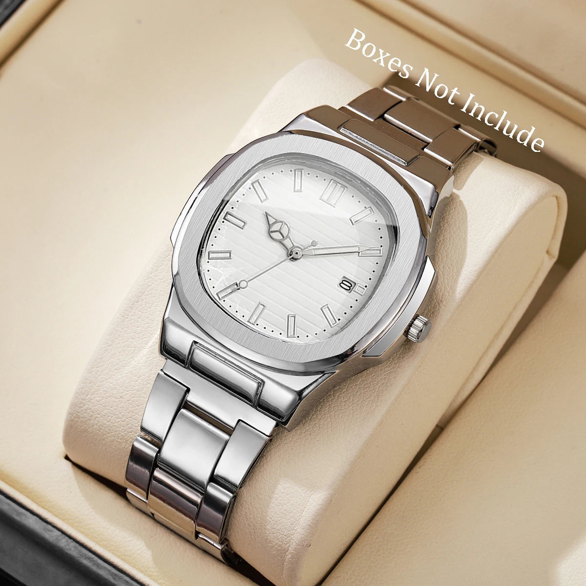 Herrenmode Armbanduhren, Business-Quarzuhr mit quadratischem Zifferblatt, Edelstahlarmband und Kalender für Herren (ohne Box)